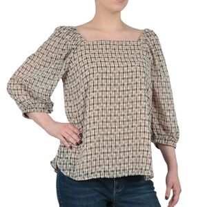 Ann Klein Plaid Popover With Side Slits In Bisqueware Light Coffee Combo